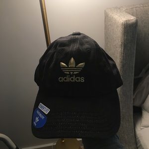 New Black washed denim + gold adidas cap